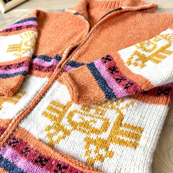 1990s Large Chunky Orange Wool Knit Cardigan Zip Up Southwest Aztec - Picture 1 of 10